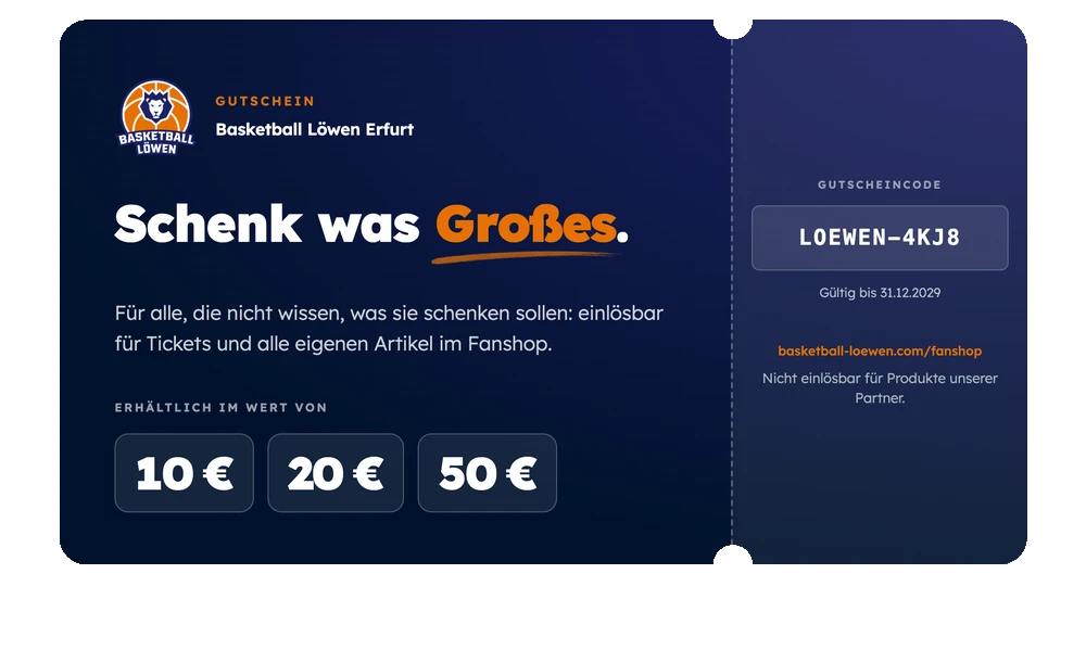 Löwen-Gutschein — Schenk was Großes. Erhältlich im Wert von 10 €, 20 € oder 50 €.