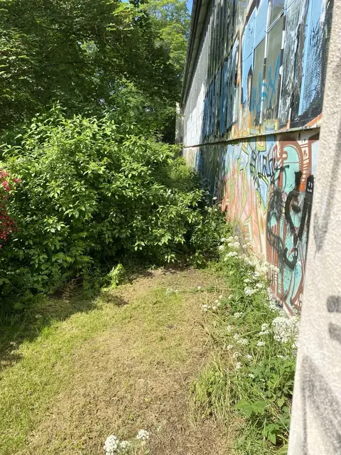 Gebäudeaußenansicht mit Wandgestaltung